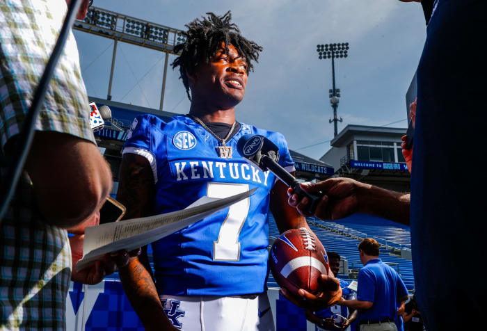 Kentucky sophomore wide receiver Barion Brown answers questions from reporters on UK Media Day Friday, Aug. 4, 2023 at Kroger Field in Lexinton. Brown is the first Wildcat to win a SEC weekly award three times in a single season since Lynn Bowden Jr. in 2019.